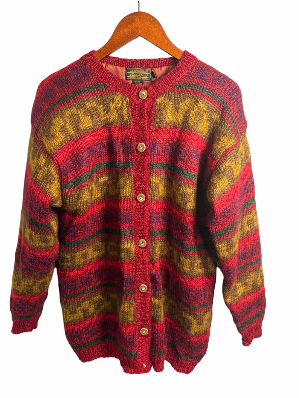 Eddie Bauer Red, Gold & Green Striped Mohair Blend Button Cardigan M
